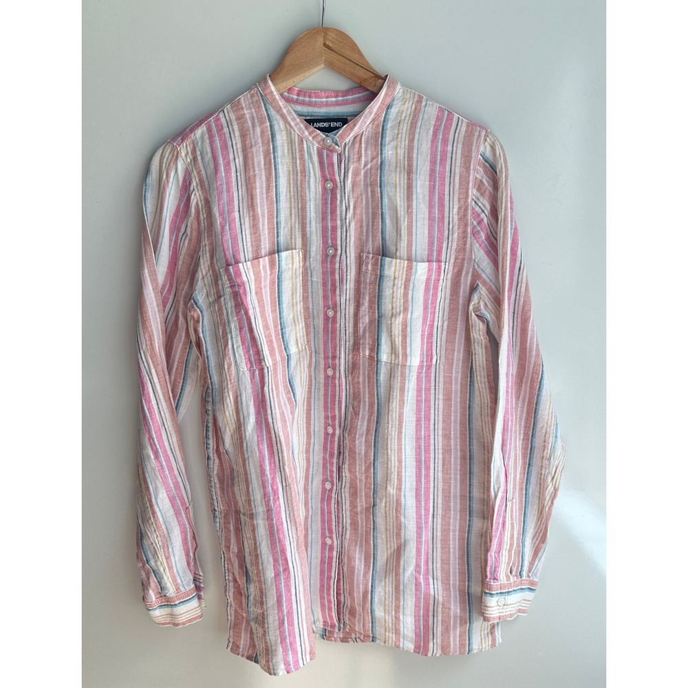 Lands' End‎  Linen Shirt Button Down Striped Pink S/T Classic Business Metallic - Picture 9 of 12